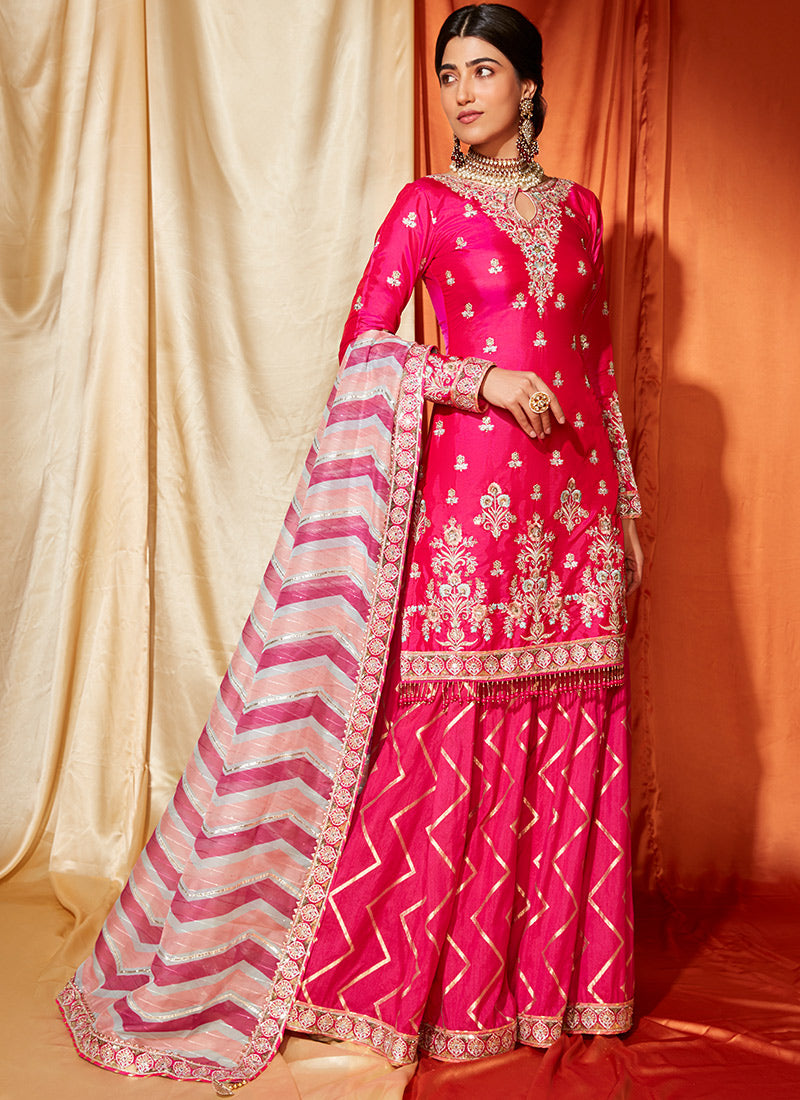 Hot Pink Multicolor Silk Sharara Suit ...